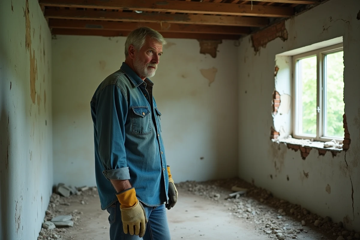 Homme inspectant l'intérieur délabré d'une maison abandonnée avec murs abîmés et planchers usés
