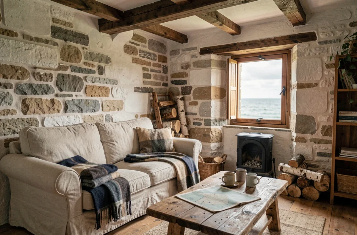 Intérieur cosy d'une maison de pêcheur bretonne rénovée avec cheminée en fonte, murs en pierre et poutres apparentes