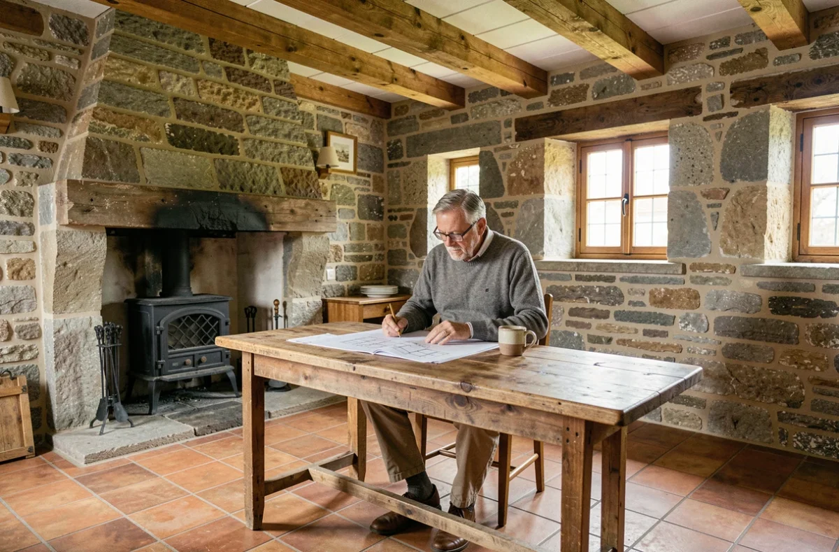 Intérieur rénové d'une maison bretonne en pierre avec poutres apparentes et sol en tommettes anciennes