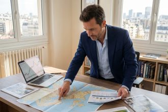 Homme français étudiant une carte d'Europe et des rapports immobiliers dans un bureau moderne pour un investissement immobilier européen en 2026