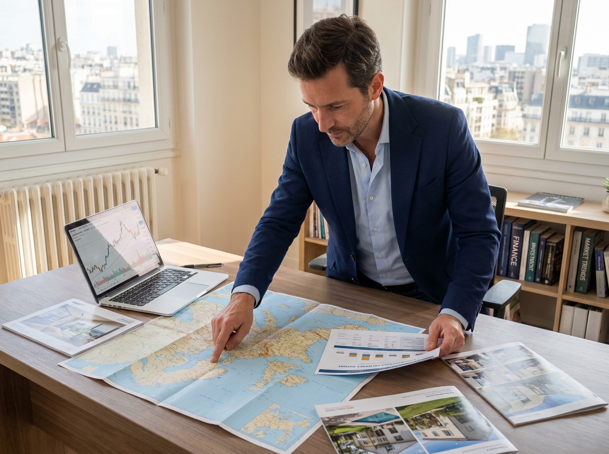 Homme français étudiant une carte d'Europe et des rapports immobiliers dans un bureau moderne pour un investissement immobilier européen en 2026