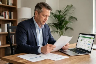 Homme consultant des documents d'investissement locatif sur un bureau en bois moderne avec un ordinateur portable