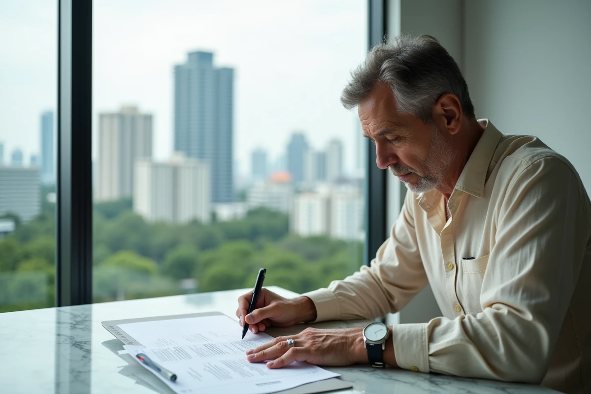 Investisseur occidental examinant des contrats immobiliers dans un showroom de condominium moderne à Bangkok, avec vue sur la skyline thaïlandaise