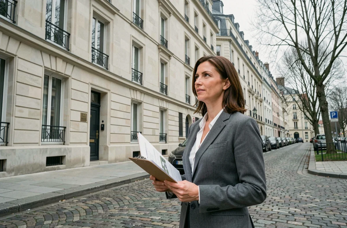 Femme investisseur immobilier évaluant un immeuble locatif en ville dans le nord de la France