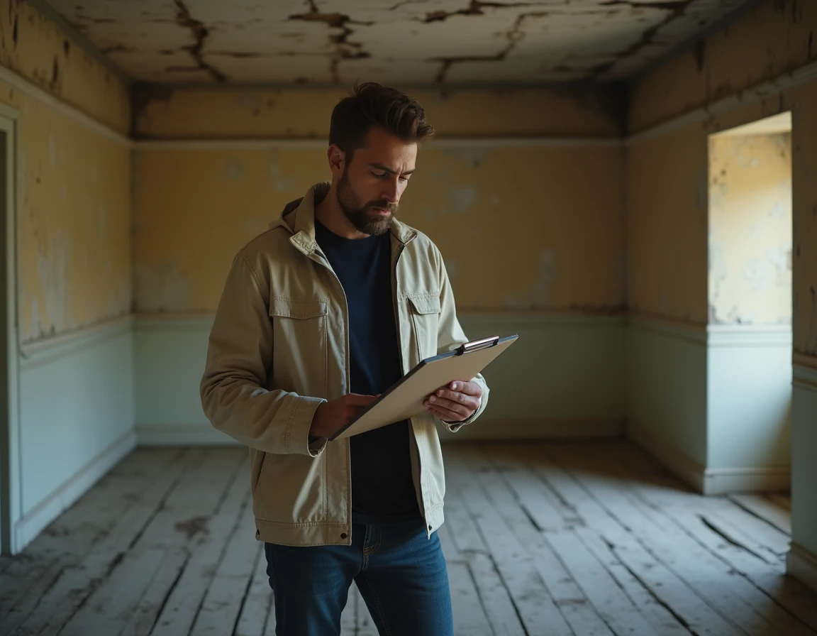 Investisseur immobilier inspectant l'intérieur d'une maison abandonnée avant achat