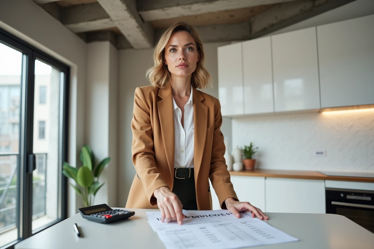 Investisseuse immobilière analysant les frais de notaire pour un projet de marchand de biens dans un appartement rénové