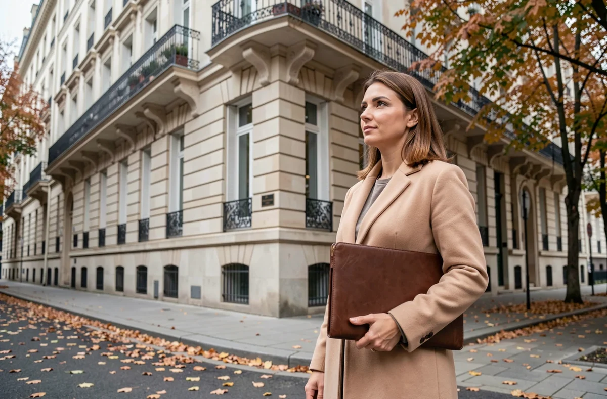 Femme investisseuse devant un immeuble haussmannien évaluant un bien immobilier locatif en ville