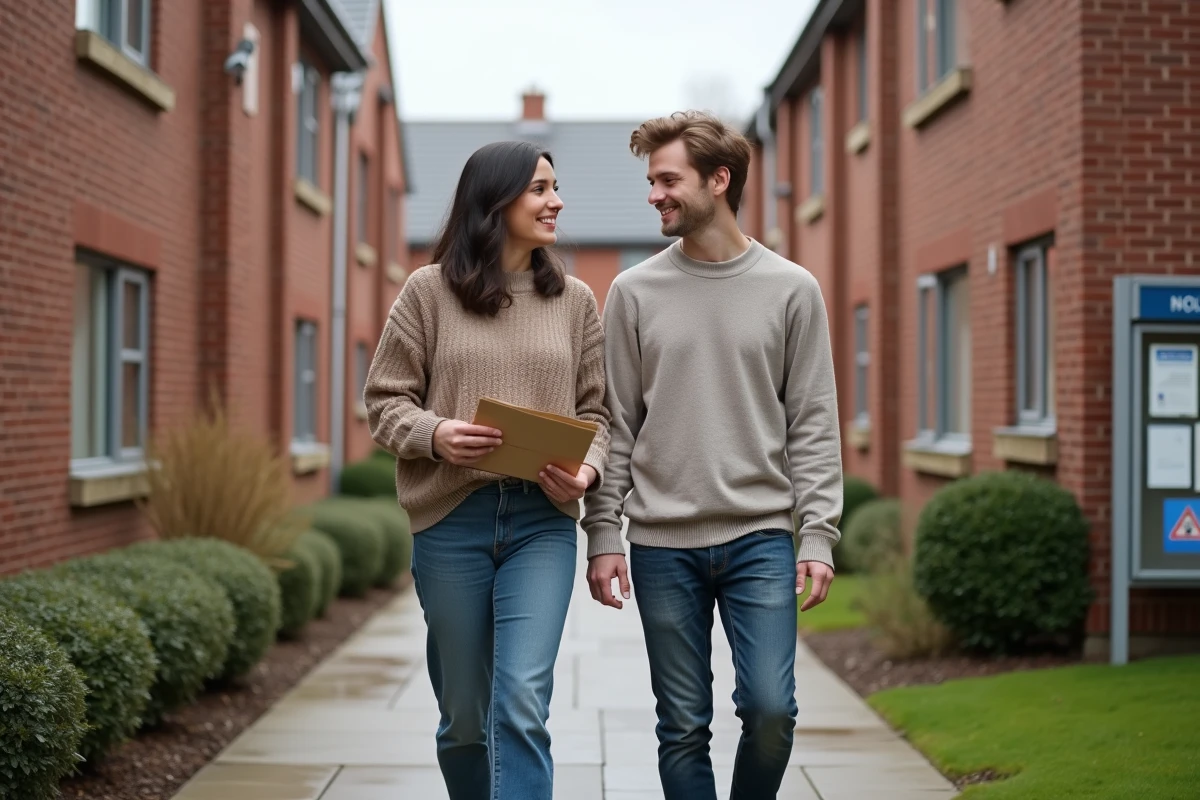 Jeune couple discutant devant un immeuble social