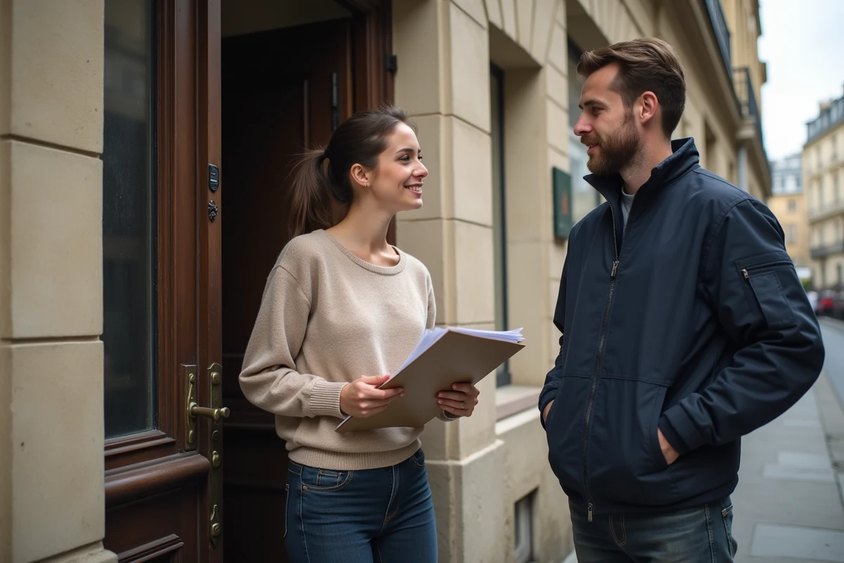 Jeune femme discutant avec un entrepreneur devant un immeuble parisien