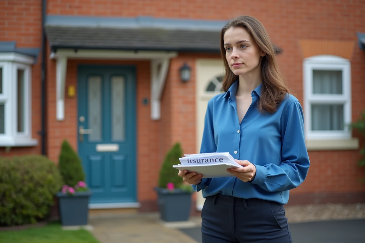Jeune femme réfléchissant devant sa maison avec documents d