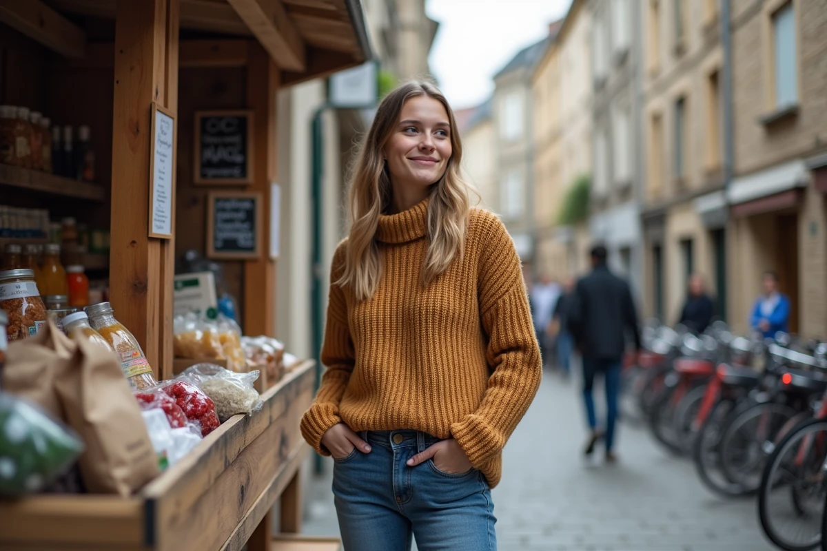 Jeune femme souriante devant un shelf alimentaire communautaire