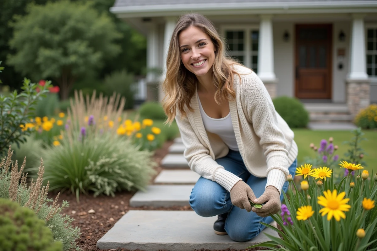 Jeune femme en jeans entretenant un jardin fleuri devant une maison rénovée