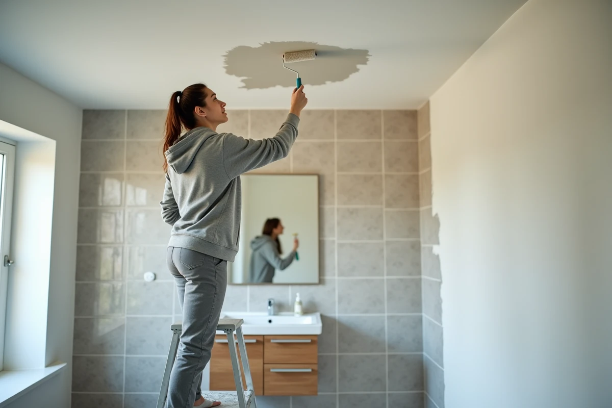 Jeune femme repeignant un plafond dans une salle de bain moderne