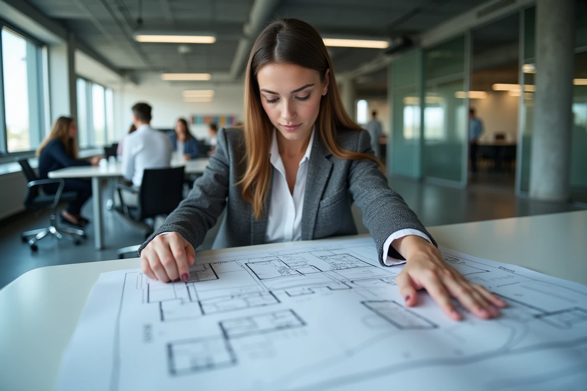 Jeune femme analysant un plan dans un espace de travail