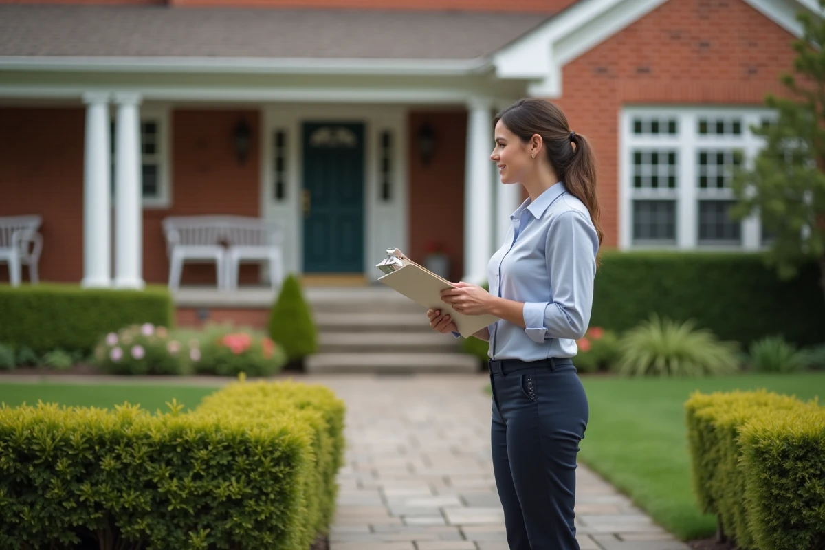 Jeune femme avec un agent immobilier devant une maison