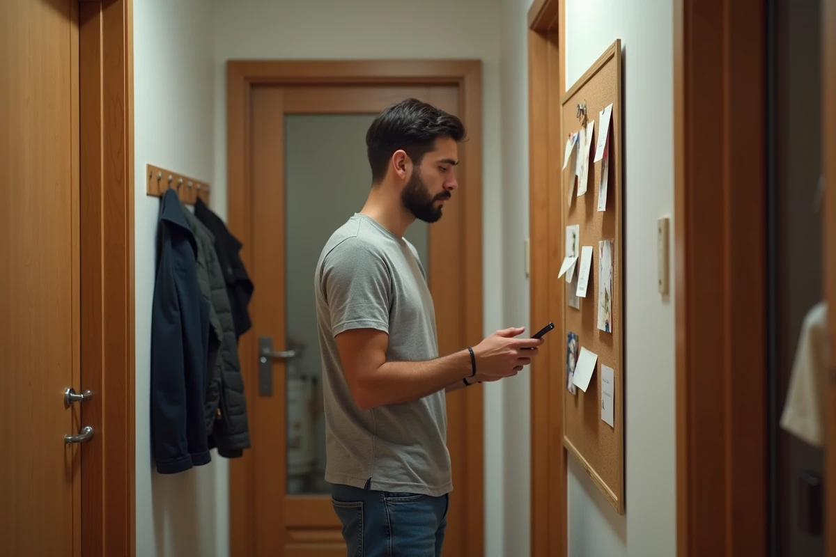 Jeune homme accrochant du courrier sur un tableau dans un couloir