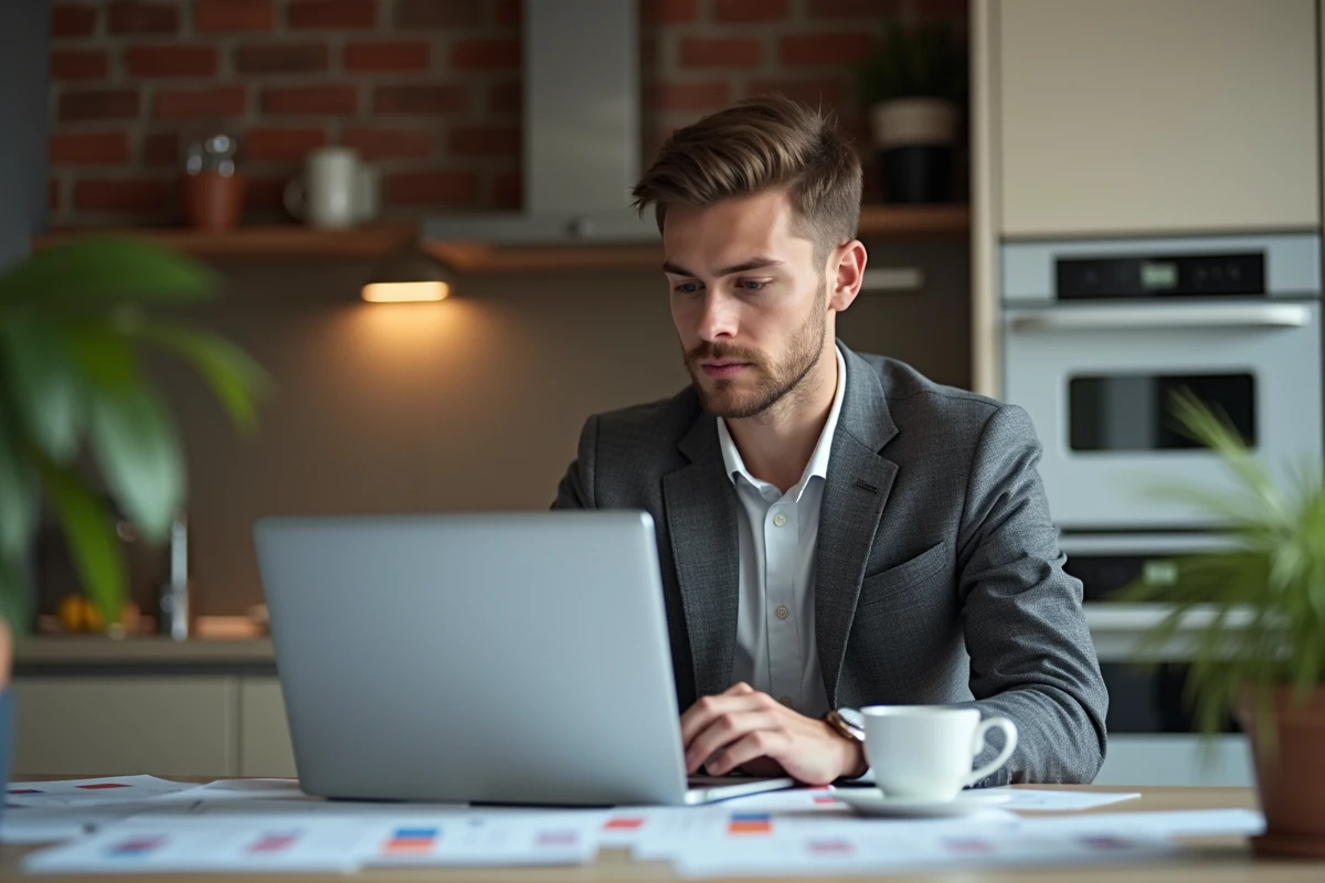 Jeune homme vérifiant un calendrier de remboursement à la maison