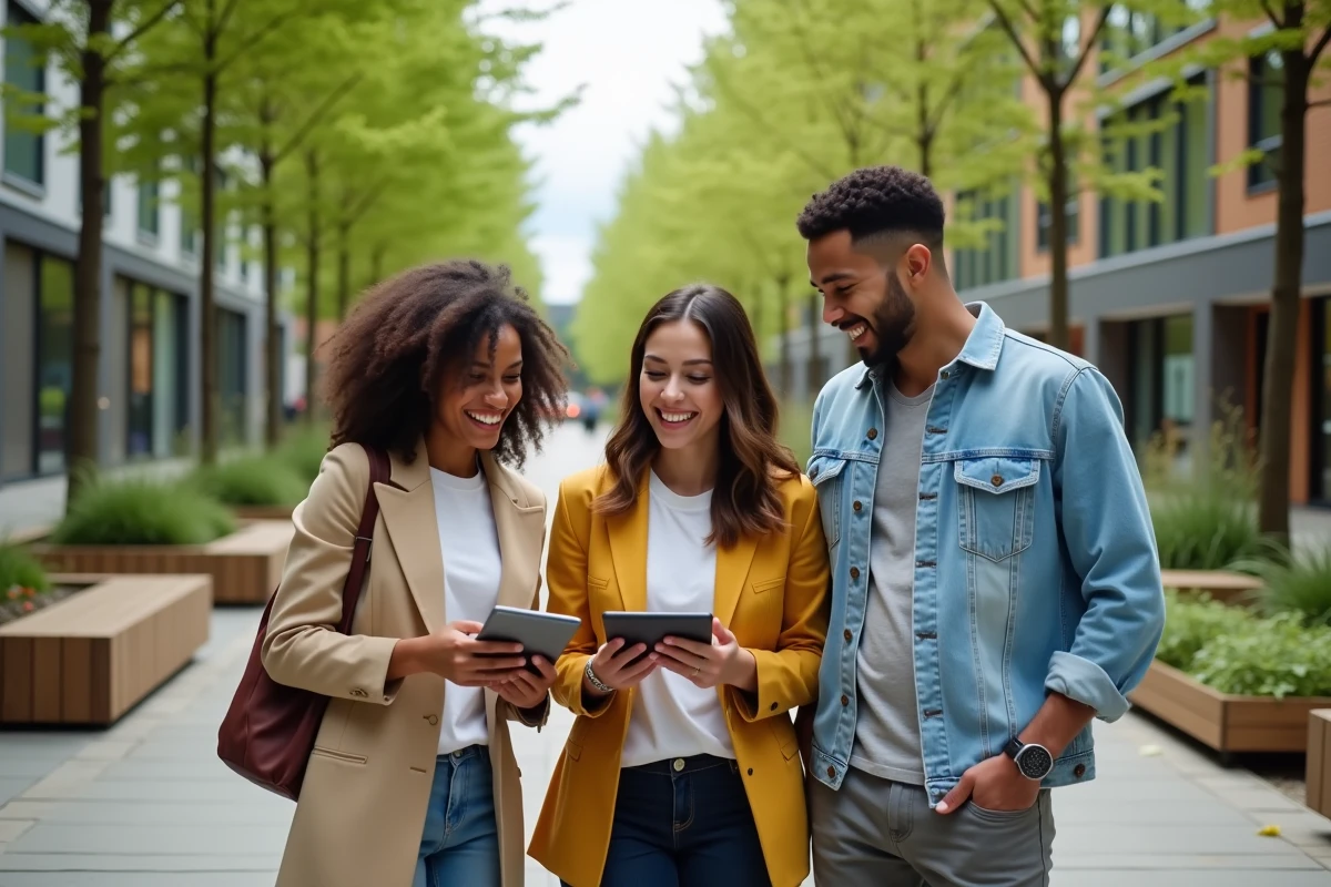 Jeunes adultes discutant dans une avenue verte urbaine