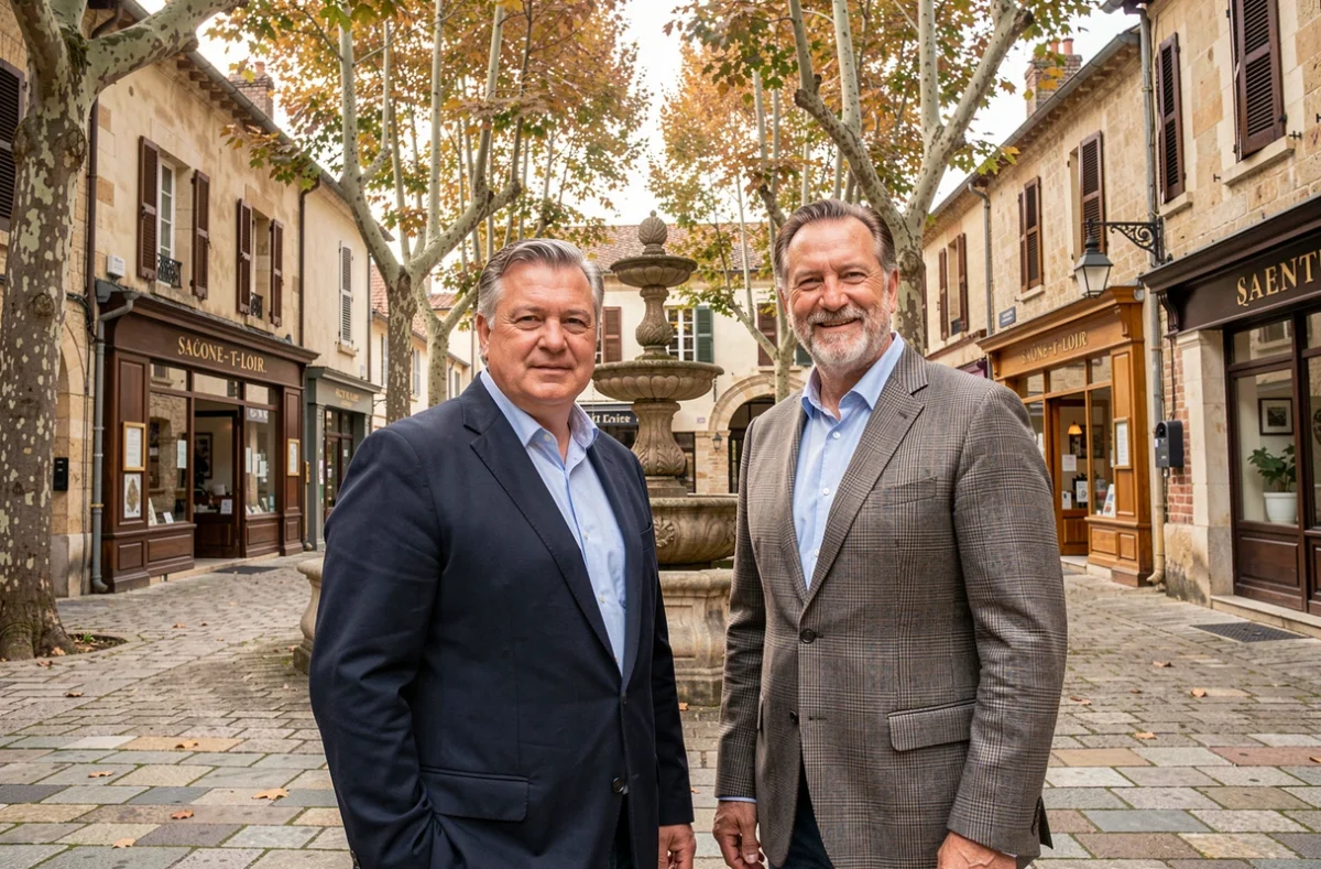 Agents de L'Adresse Guy et Bernard Immobilier posant devant leur agence sur une place de ville en Saône-et-Loire
