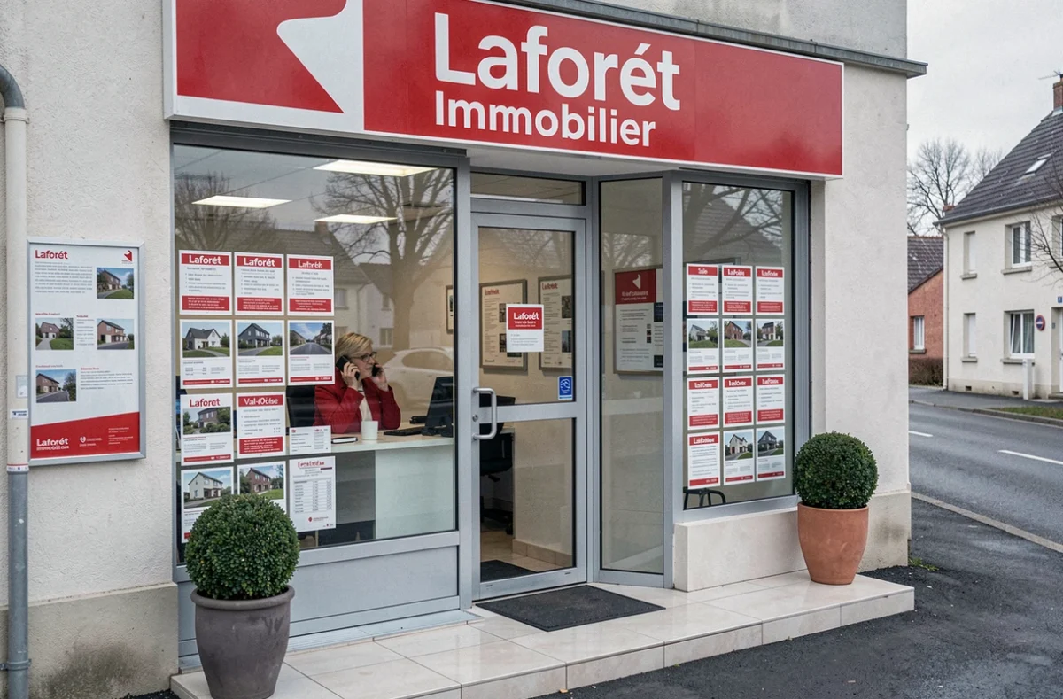 Agence Laforêt Immobilier du réseau Val-d'Oise avec sa façade rouge et blanche et ses annonces en vitrine
