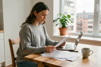Locataire examinant des documents d'assurance habitation sur une table en bois dans un appartement moderne