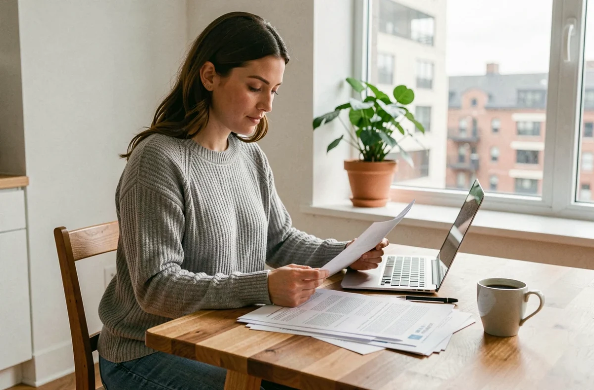 Locataire examinant des documents d'assurance habitation sur une table en bois dans un appartement moderne