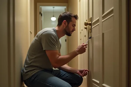 Locataire examinant la serrure de sa porte d'appartement avec un tournevis, dans un couloir résidentiel réaliste