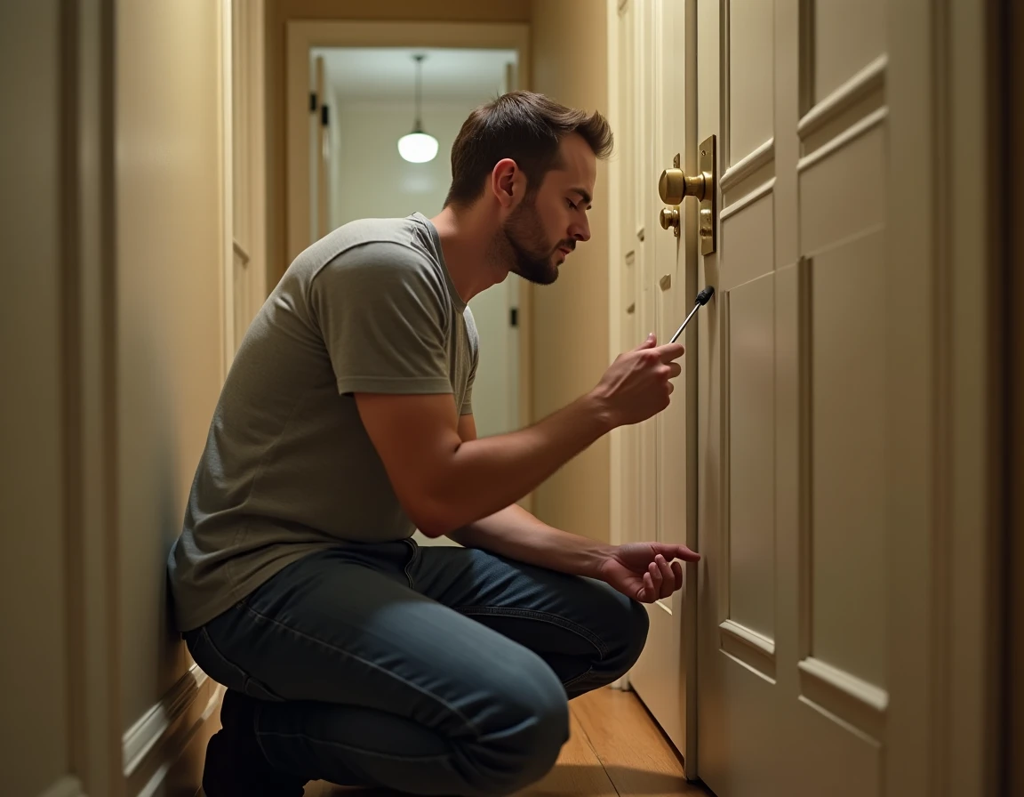Locataire examinant la serrure de sa porte d'appartement avec un tournevis, dans un couloir résidentiel réaliste