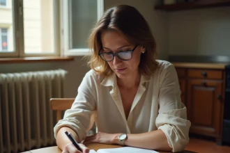 Locataire étudiant un contrat de bail avec liste des charges locatives dans un appartement français