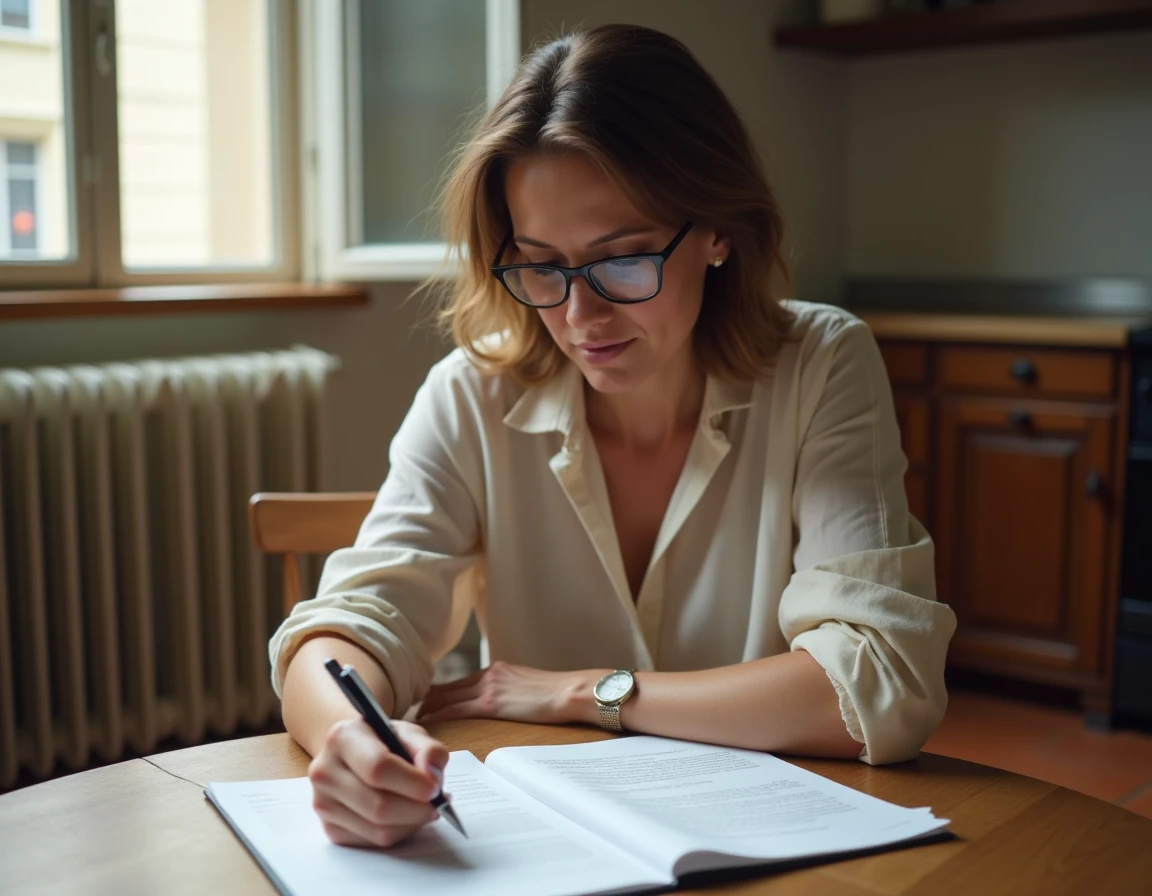 Locataire étudiant un contrat de bail avec liste des charges locatives dans un appartement français