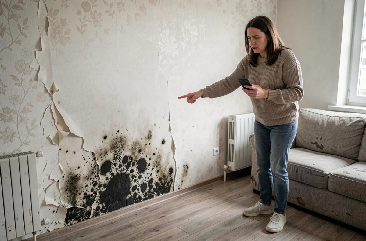 Locataire montrant des moisissures et un mur humide dans son appartement lors d'un différend avec le propriétaire