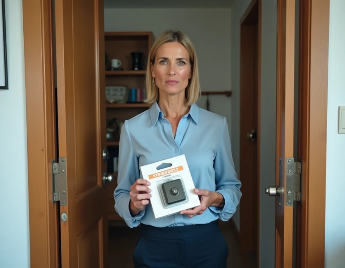 Femme locataire tenant un nouveau verrou encore dans son emballage devant la porte de son logement