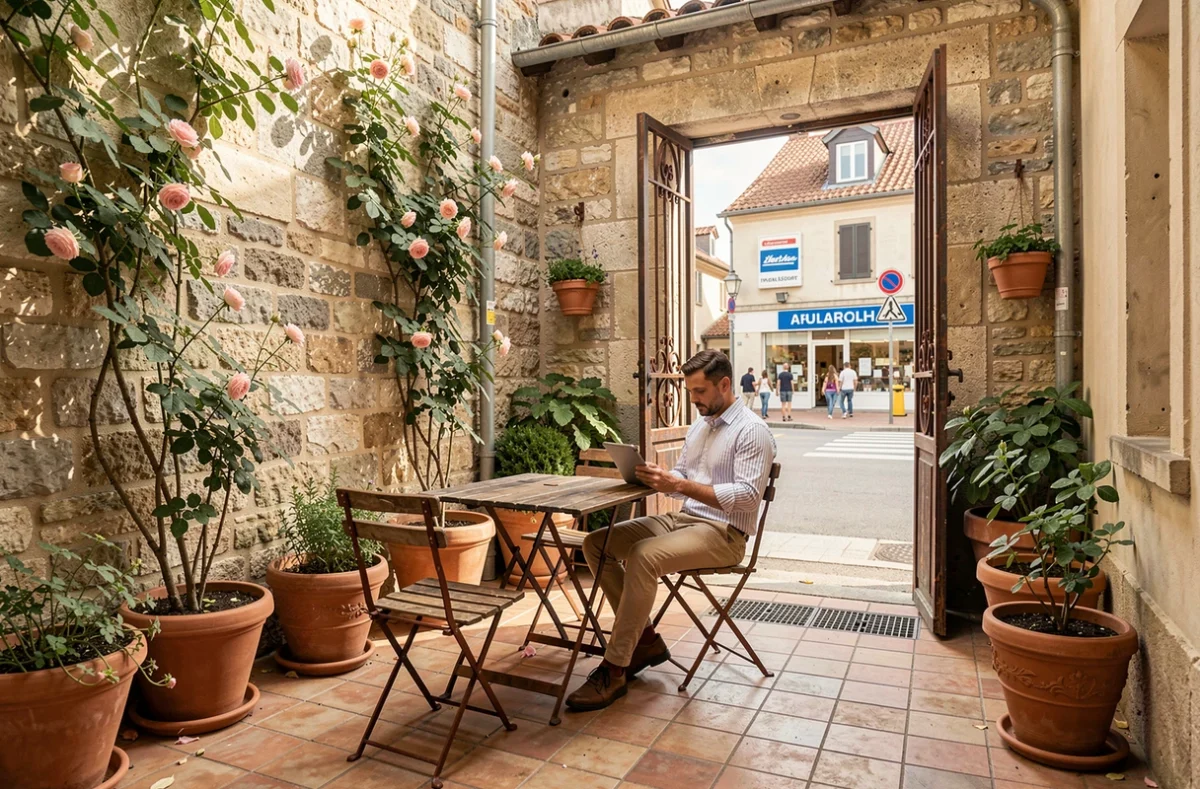 Cour jardin d'une petite maison en location dans une ville du Puy-de-Dôme avec accès aux commerces et écoles
