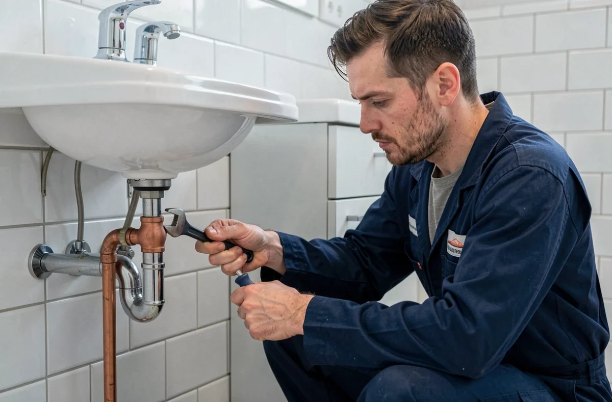 Plombier de Louzane Plomberie raccordant des tuyaux en cuivre dans une salle de bain moderne