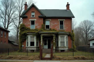 Maison abandonnée à vendre avec facade en brique et volets cassés dans une rue suburbaine