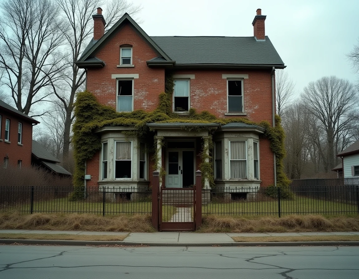 Maison abandonnée à vendre avec facade en brique et volets cassés dans une rue suburbaine