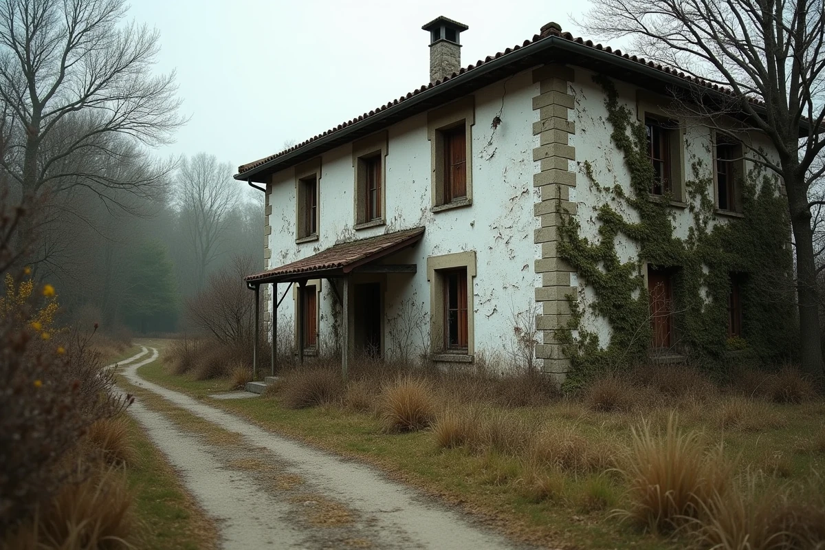 Maison abandonnée en milieu rural avec façade délabrée, volets cassés et végétation envahissante