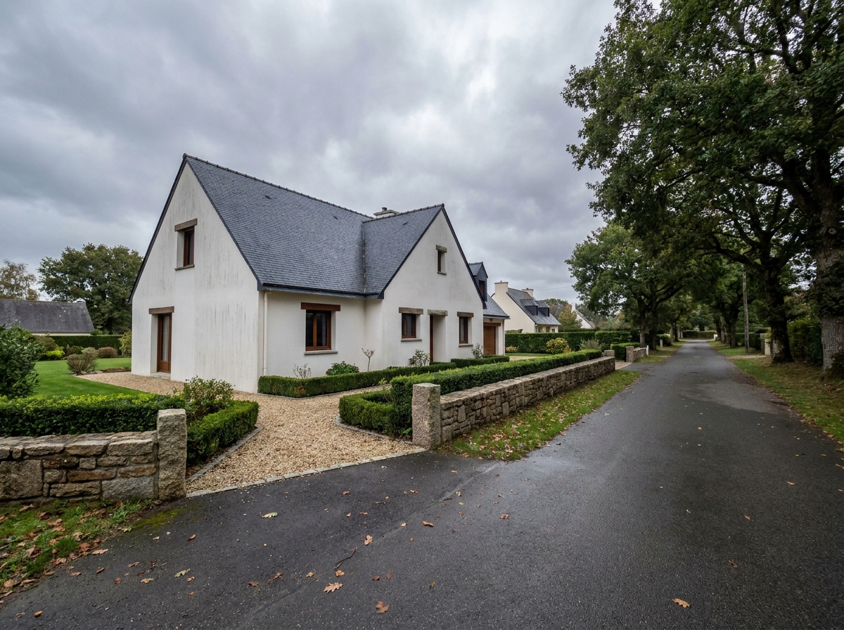 Maison neuve contemporaine en Bretagne avec toit en ardoise et jardin paysager