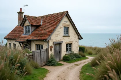 Maison normande à vendre en bord de mer avec vue sur la Manche depuis une falaise herbeuse en Normandie