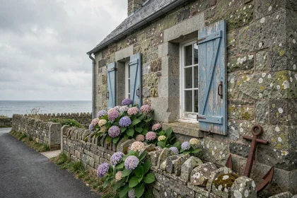 Maison de pêcheur bretonne en pierre avec volets bleus et hortensias en fleurs, façade en granit typique de la côte bretonne