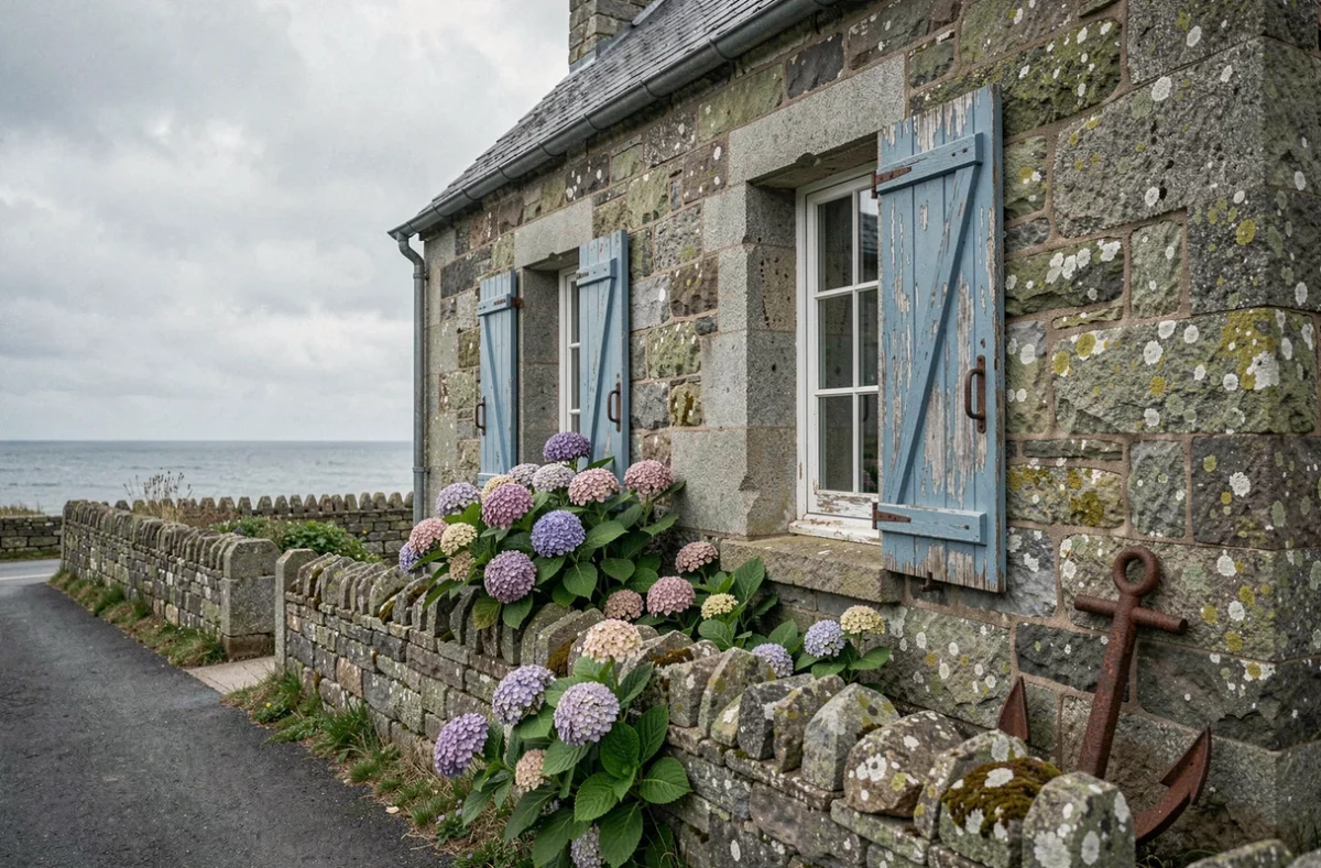 Maison de pêcheur bretonne en pierre avec volets bleus et hortensias en fleurs, façade en granit typique de la côte bretonne