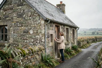 Façade d'une maison en pierre de granite en Bretagne avec une femme inspectant l'entrée principale
