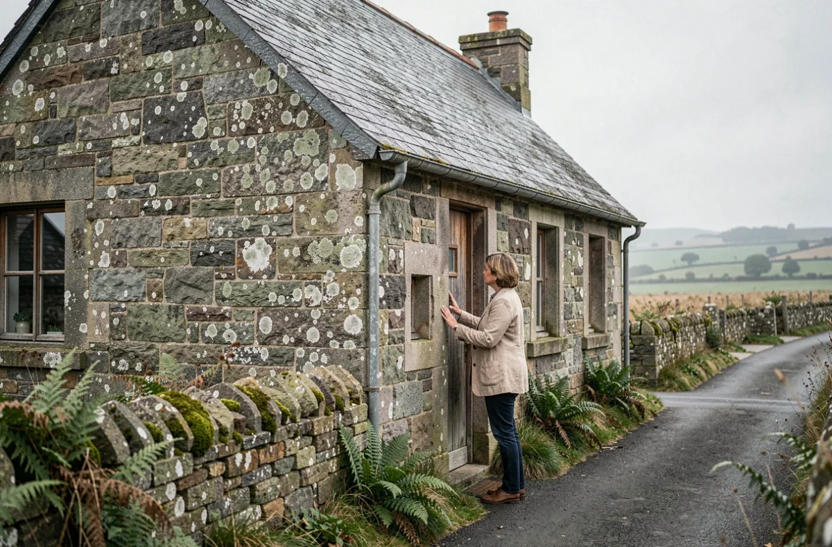Façade d'une maison en pierre de granite en Bretagne avec une femme inspectant l'entrée principale