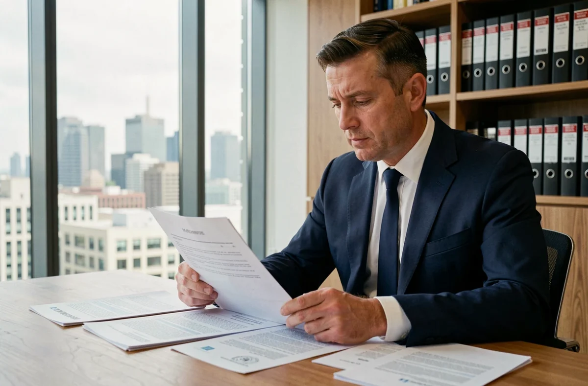 Agent immobilier marchand de biens analysant des documents de récupération de TVA dans un bureau professionnel moderne