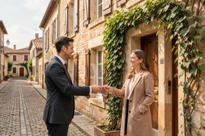 Un gestionnaire immobilier remet des clés à un couple devant une maison en pierre typique de Nouvelle-Aquitaine, illustrant le concept des conciergeries Airbnb dans la région