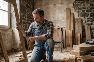 Menuisier professionnel mesurant un cadre de fenêtre en bois dans un appartement en rénovation à Clermont-Ferrand