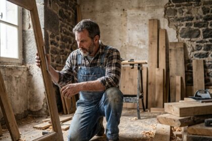 Menuisier professionnel mesurant un cadre de fenêtre en bois dans un appartement en rénovation à Clermont-Ferrand