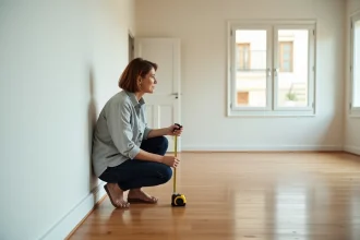 Femme mesurant la surface d'une pièce vide avec un mètre ruban dans un appartement moderne