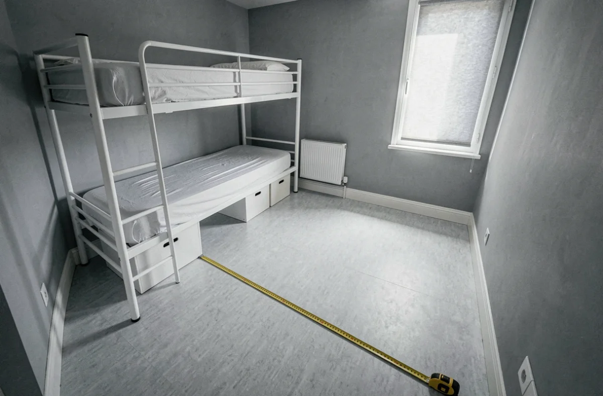 Mesure d'une petite chambre de maison individuelle avec mètre ruban pour vérifier la surface minimale légale