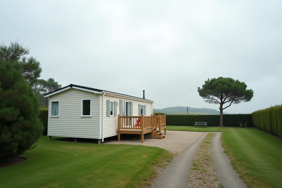 Mobil home installé sur une parcelle de terrain en milieu rural en Vendée avec accès gravier et haies